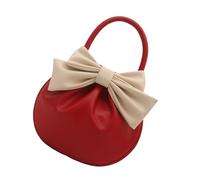 [Zeizafa] Professional Round Handbag Bow Detail PU Top Handle Wallet Evening Bag Women Birthday Elegant Round Purse Daily Use, red