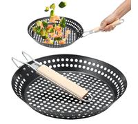 ZEJEXXB BBQ Folding Grill Pan with Holes 12Inch Non-Stick Barbecue Skillet Camping Frying Pan Heat Resistant Wooden Removable Handle Grilling Tray for Camping Cookware, Picnics and Other Outdoor Use