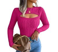 Zekai Autumn and Winter Women's Fashionable Hollow Twist Long-Sleeved Sweater Warm Pullover Knitted Jumper Top(Rosered,L)