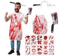 ZELAITE Halloween Slaughter Costume Set, Halloween Bloody Apron Hair Accessories, Halloween Scars Accessories with Zombie Scars Tattoo for Halloween Party Role Play Event Stage Show (A)