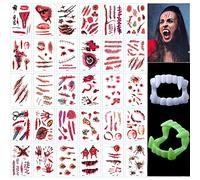ZELAITE Vampire Bit, Includes a Luminous Vampire Teeth - Suitable for Children, Halloween Zombie Scars Tattoo Stickers, 30 Pieces Halloween Tattoos Scars, Halloween Party Carnival Decorations (A)