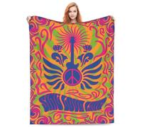 Zeleda Hippie Guitar Throw Blanket - 60"x50" Vintage Musical Print Throws Blankets - 1960s, 1970s Background - Peace Symbol Eye Triangle Decorations - Adult