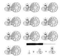 ZELHYEUU 10 Pcs Silver Metal Jean Button Pins, 17mm No Sew, Reusable, Easy to Use, Widely Use, Adjustable, Removable, with Screwdriver