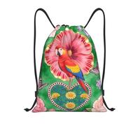 Zelinge Drawstring Bags Sport Gym Sackpack, Folk Art Parrot Floral Green, S (14 x 16.9 inch), Sport