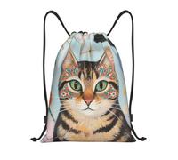 Zelinge Drawstring Bags Sport Gym Sackpack, Folk Art Style Cat, S (14 x 16.9 inch), Sport