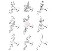 ZELORES 9-Piece Flat Back Cartilage Earrings for Women, Trendy 16G Tragus Conch Helix Piercing Jewellery Stainless Steel Snake Star CZ Flat Back Stud Earring Set