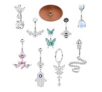 ZELORES 9pcs 14G Belly Button Rings for Women: Surgical Stainless Steel Navel Rings - Butterfly, Snake, Evil Eye, Heart, Hoop & Dangle Set - Silver Belly Button Piercing Jewelry