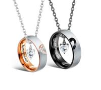 ZELORES Matching Couples Necklaces Pendant Necklaces for Women Men Stainless Steel Pendant Set for Him and Her Wedding Anniversary Gift, Stainless Steel, Cubic Zirconia