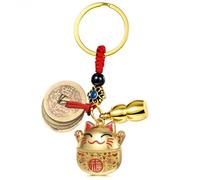 Zelphvt 1 PCS Lucky Cat Keychain, Japanese Keychain with Feng Shui Coins Lucky Cat Charm Vintage Buddha Statue Kitty Key Pendant for Women, Man(Gold)
