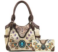 Zelris Turquoise Stone Concho Peacock Feather Women Conceal Carry Tote Purse Set, Beige, tote