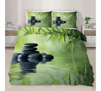 Zen Aesthetics Double Duvet Set Stone Stacking Art Soft Microfiber Duvet Cover Set Green Bamboo Leaves Bedding Double Bed Set with 2 Pillowcases, Ultra Comfortable Quilt Cover with Zipper Closure