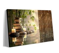 Zen Bamboo and Candlelight Stones Wall Art - Tranquil Bathroom Canvas Print for Spa and Meditation Room Decor, Calming Zen Nature Artwork 20x25cm Frame