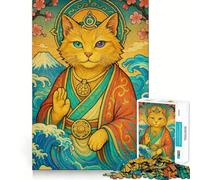 Zen Cat Japanese Landscape 1000-piece Jigsaw Puzzles Think Exercise Game Tight Interlock No Gaps Interactive Brain Challenge for Home (38x26cm)