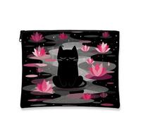Zen Cat Makeup Bag, Black Water Lily Mystical Floral Cosmetic Travel Bag for Women, Compact Canvas Zipper Pouch Organizer, Spring Meditation Festival Toiletry Case, Black, 7x9 Inch, Cat