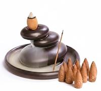 Zen Ceramic Backflow Incense Burner - Triple Stone Design, Handmade Aromatherapy Holder for Cones & Sticks, Home & Office Decor Gift