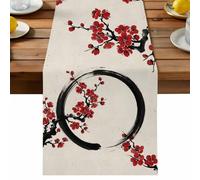 Zen Circle Plum Blossom Table Runner, Vintage Rustic Asian Black Red Traditional Ink Cotton and Table Linen Runner for Kitchen Dining Home Decor for Party Festival Holiday Decoration Gift 13x48in