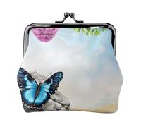 Zen Design Butterfly Print Double Clasp Metal Frame Leather Kiss Lock Change Pouch Wallet for Women with Keys, Small Purses