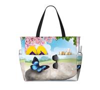 Zen Design Butterfly Print Large Waterproof Beach Tote Bag for Women with Zip and Pockets Foldable Handbag for Travel Pool Shopping Holiday Gym