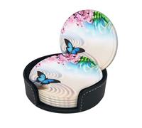 Zen Design Butterfly Print Round Leather Coasters - Set Of 6, Ultra-Fiber Pu Leather