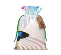 Zen Design Butterfly Printed Christmas Drawstring Bags with Green Christmas Ribbon - Reusable Burlap Drawstring Gift Pouches, S