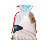 Zen Design Butterfly Printed Christmas Drawstring Bags with Red Ribbon - Reusable Burlap Drawstring Gift Pouches, S