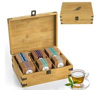 Zen Earth Inspired Bamboo Tea Organizer Box Chemical Free Eco-Friendly Big, Tall, Adjustable Cubbies Natural Wooden Storage Chest (6-Slot 11" x 8.1" x 4.2" with Tea Leaf design)