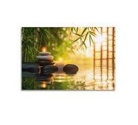 Zen Feng Shui Canvas Wall Art, Stacked Rocks Candles Stone Bamboo Hanging Paintings, Printed Meditation Posters for Yoga Room Bedroom Decor 20x30inch(50x75cm)