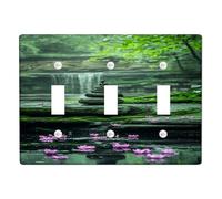 Zen Garden Light Switch Cover Plate/Outlet Covers, Green Serenity with Peach Water Lily Flowers, Thermoplastic Wall Plates, Standard Size Triple Toggle