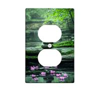 Zen Garden Light Switch Cover Plate/Outlet Covers, Green Serenity with Peach Water Lily Flowers, Thermoplastic Wall Plates, Standard Size Single Duplex Outlet
