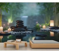 Zen Garden Mural, Orchid Basalt Stone Mural Wallpaper, Bamboo Leaves Wallpaper for Living Room, Zen Wall Murals - 150x105cm (Not Peel n' Stick)