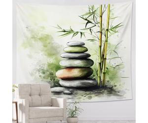 Zen Garden Stone Tapestry, Minimalistic Bamboo Zen Spa Wall Hanging, Calming Decor for Living Room, Bedroom, Meditation Space 60x80 Inch