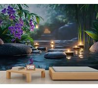 Zen Garden Wall Murals, Orchid Basalt Stone Large Mural, Stones and Candles Wallpaper for Bedroom, Zen Wallpaper - 100x70cm (Not Peel n' Stick)