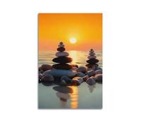 Zen-inspired Canvas Wall Art Poster Featuring A Pebble Painting by The Lakeside at Sunset. Suitable for Bathrooms, Bedrooms, Offices, Washrooms And Yoga Studios.16x24inch(40x60cm)