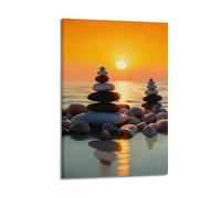 Zen-inspired Canvas Wall Art Poster Featuring A Pebble Painting by The Lakeside at Sunset. Suitable for Bathrooms, Bedrooms, Offices, Washrooms And Yoga Studios.12x18inch(30x45cm)