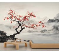 Zen-Inspired Landscape Mural Oriental Red Plum Blossom Wall Mural Chinese Ink Landscape Wallpaper Murals for Bedroom High Resolution Wallpaper for Living Room 500 x 317 cm