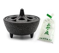 Zen Minded Cast Iron Japanese Lotus Shaped Incense Joss Stick Holder in Black & White Ash Set