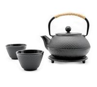 Zen Minded Traditional Japanese Cast Iron Tetsubin Stovetop Teakettle Teapot Set 2 Cups, Trivet, Rope-Handle & Stainless-Steel Loose-Leaf Filter for Green Tea & Infusions - 800ml Black Arare Pattern