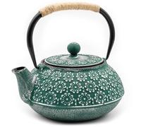 Zen Minded Traditional Japanese Cast Iron Tetsubin Stovetop Teakettle Teapot with Rope-Handle & Stainless-Steel Loose-Leaf Filter for Green Tea & Infusions 900ml - Emerald Green & Silver Blossom