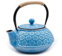 Zen Minded Traditional Japanese Cast Iron Tetsubin Stovetop Teakettle Teapot with Rope-Handle & Stainless-Steel Loose-Leaf Filter for Green Tea & Infusions 900ml - Blue & Silver Blossom