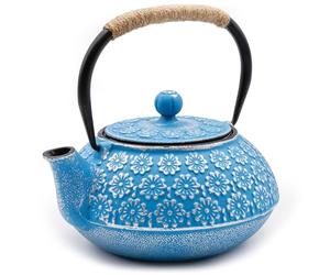 Zen Minded Traditional Japanese Cast Iron Tetsubin Stovetop Teakettle Teapot with Rope-Handle & Stainless-Steel Loose-Leaf Filter for Green Tea & Infusions 900ml - Blue & Silver Blossom