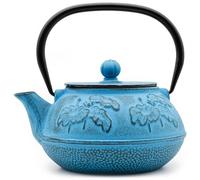 Zen Minded Traditional Japanese Cast Iron Tetsubin Stovetop Teakettle Teapot with Stainless-Steel Mesh Loose-Leaf Filter for Green Tea & Infusions 900ml Lotus Pattern - Blue