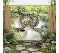 Zen Moon Gate Garden Mural, Tapestry & Curtain - Waterproof Mural Outdoor Wall Hanging, Japanese Style Garden Wall Art, Fence Decor & Outdoor Tapestry W300cm x H180cm, W118.11 inches x H70.87 Inches