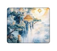 Zen Mountain Temple Mouse Pad, Soft Blue Watercolor Landscape, Stitched Edge Non-Slip Desk Pad for Home and Office, Perfect for Gaming and Work Square 8x10 Inch