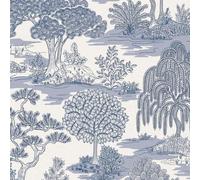 Zen Oriental Landscape Blue Wallpaper - Modern Naturistic Leaves Floral Flowers Trees - Stylish Feature Wall