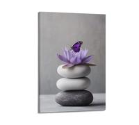 Zen Pebbles Stacking Stone Wall Art Hanging Paintings Purple Lotus Butterfly Canvas Art for Yoga Spa Bedroom Relaxing Wall Decor 12x18inch(30x45cm)
