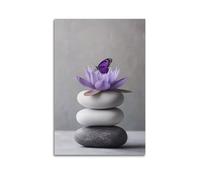 Zen Pebbles Stacking Stone Wall Art Hanging Paintings Purple Lotus Butterfly Canvas Art for Yoga Spa Bedroom Relaxing Wall Decor 12x18inch(30x45cm)