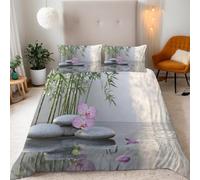 Zen Rock Bamboo Orchid Emperor Size Duvet Cover Set Chinese Style Bedding 290x235 3D Soft Comfort Microfiber Quilt Cover with Zipper Closure and 2 Pillowcases for Teens and Adults F.377