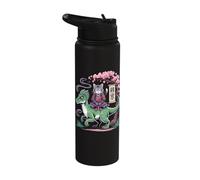 Zen Samurai Cat Riding Velociraptor with Cherry Blossoms Stainless Steel Insulated Water Bottle