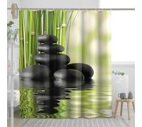 Zen Shower Curtain, Black Stones and Green Bamboo Bathroom Decor, Spring Summer Modern Spa Theme Waterproof Fabric Shower Curtain Set with Hooks 62x72 Inch