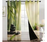 Zen Stone Blackout Curtains Bedroom 90x90, Bamboos Meditation Green Curtains for Home Decor, Living Room, Thermal Eyelet Patterned Window Drapes, 90 Inch Drop 2 Panels NC268